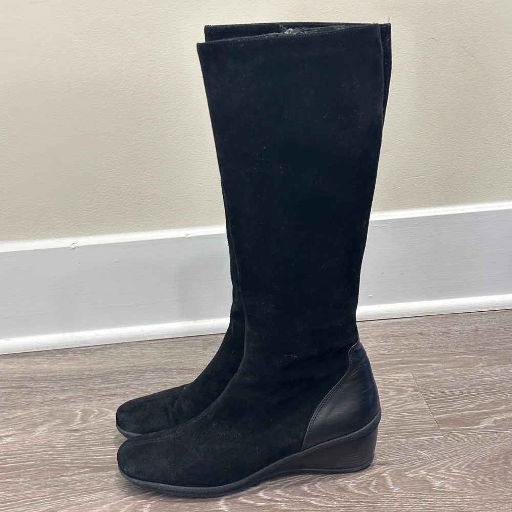 Aquatalia by Marvin K Minnow Black Suede Tall Riding Wedge Boots Square Toe 10